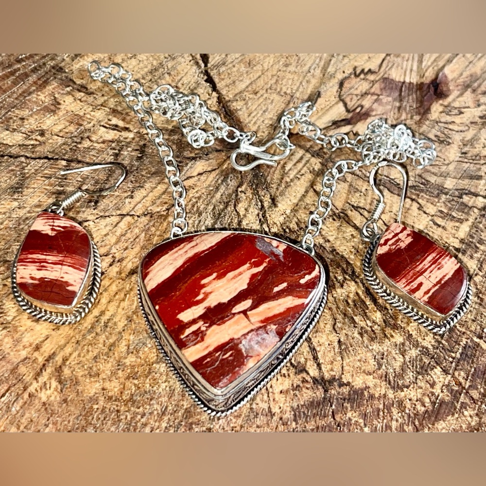 Red Snakeskin Jasper Necklace Pendant & Earrings Set